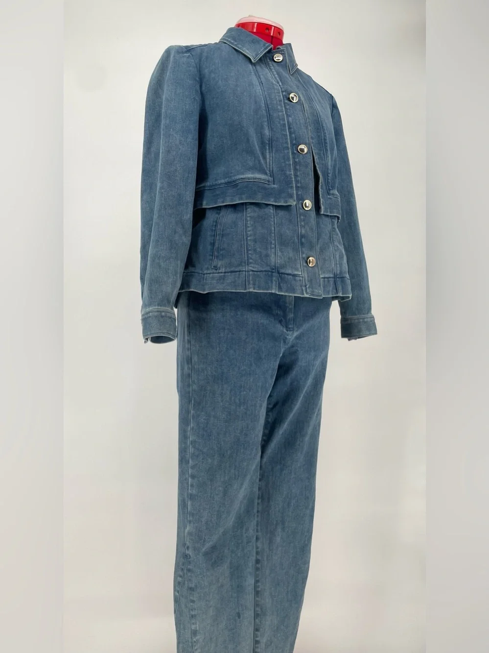 2 Piece Denim Set Per Se By Carlisle Pleated Jean Jacket & Straight Leg Jeans